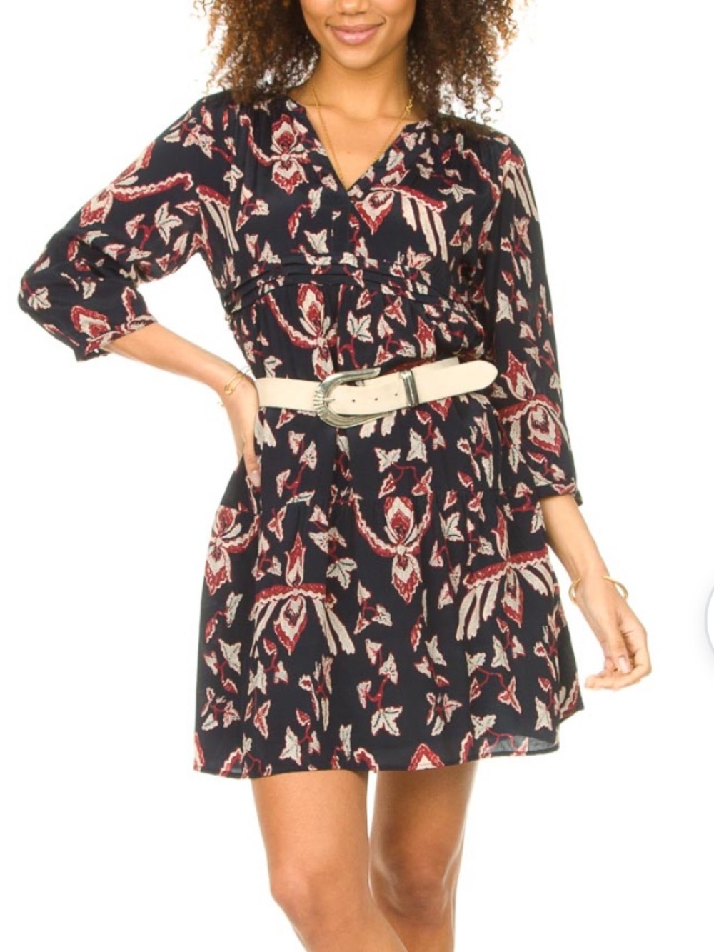 ba&sh Navy Mini Dress with Burgundy and Cream Floral Print